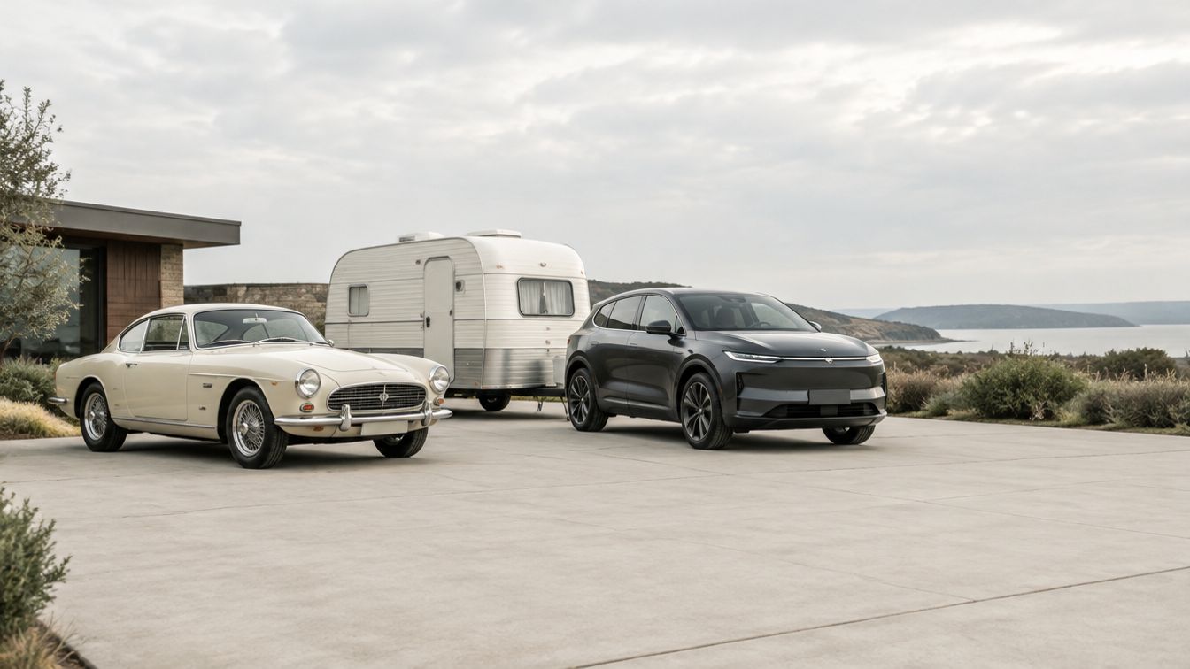 A vintage coupe and a modern electric SUV on a pale concrete forecourt beside a travel trailer