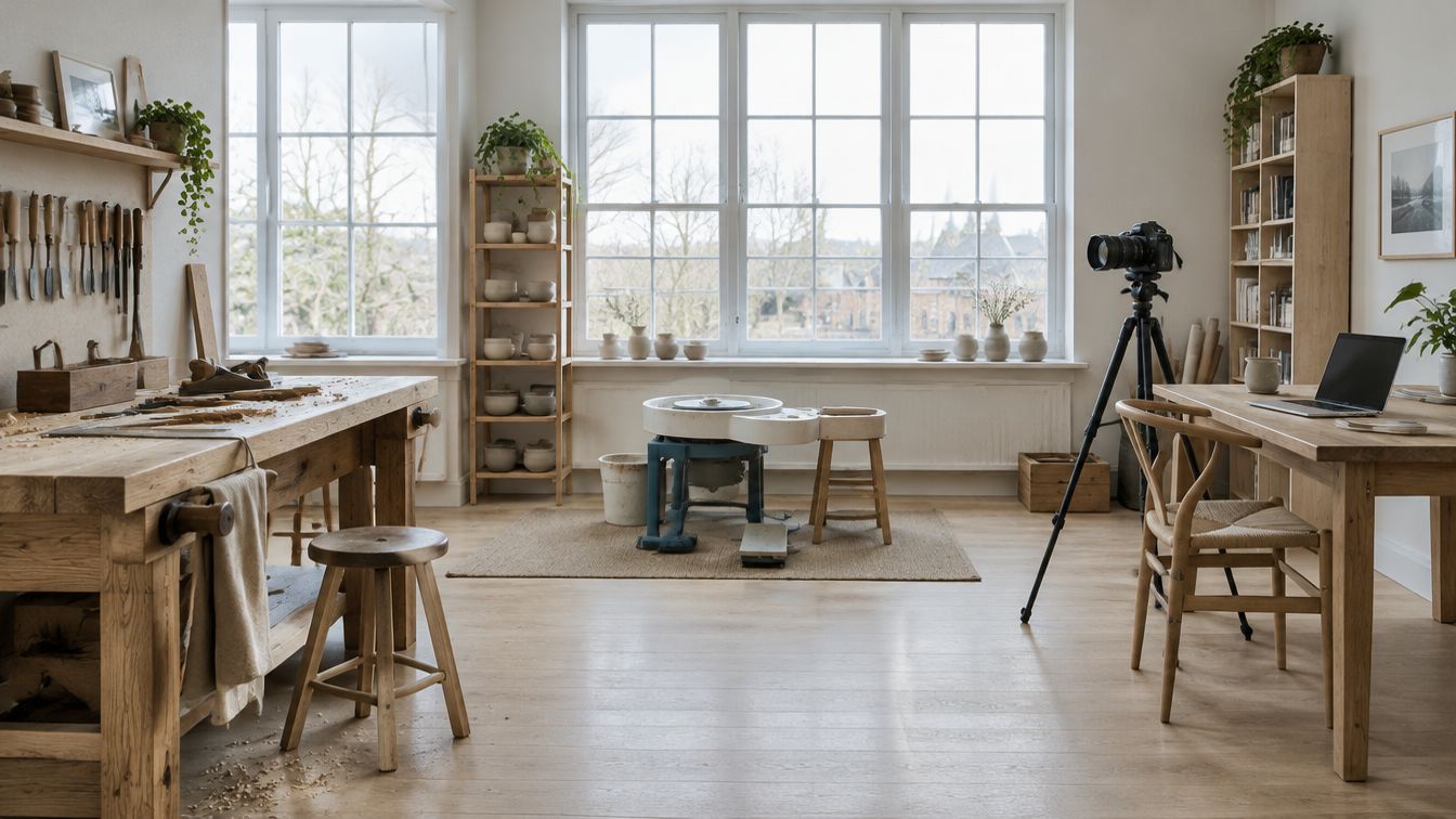 A bright creative workshop with a woodworking bench, pottery wheel, camera and laptop
