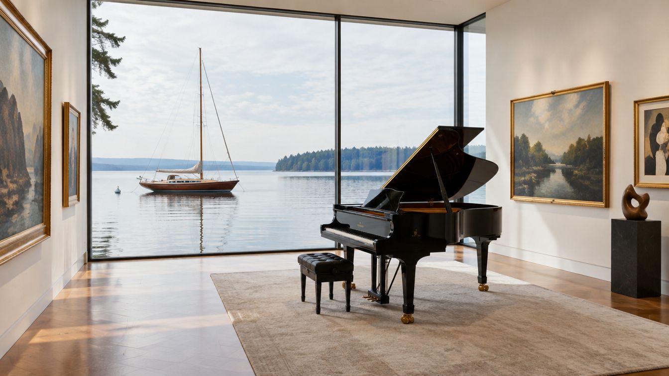 A glass-walled private gallery with a grand piano, framed art and a wooden sailboat on the lake outside