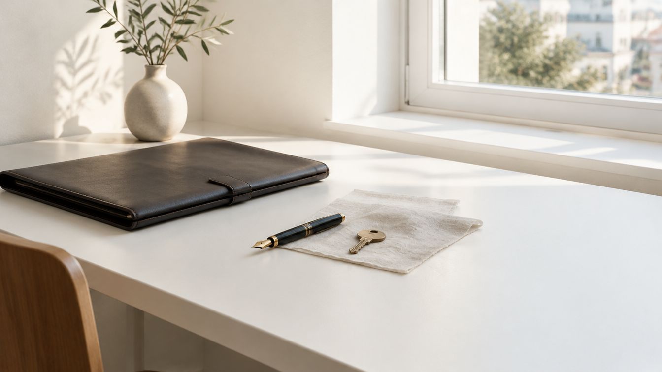 A clean white desk by a window with a closed leather folder, a fountain pen and a house key