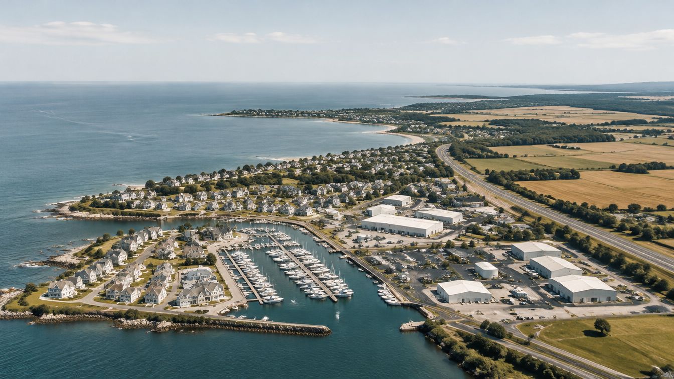Aerial view of a coastal town where homes, a marina, warehouses, farmland and a highway meet